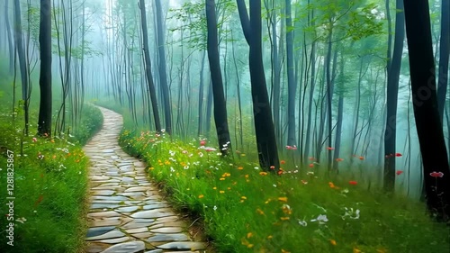 Stone path winds through a misty forest, lined with colorful wildflowers.