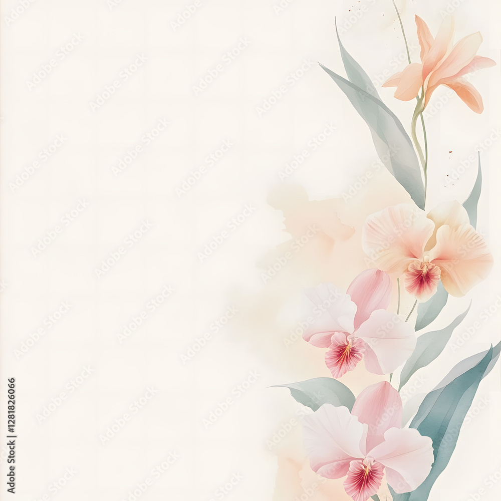 Obraz premium Cattleya vertical border, with minimal details and a simple illustration. Watercolor botanical banner for the design of invitations, cards, congratulations, announcements, sales, stationery