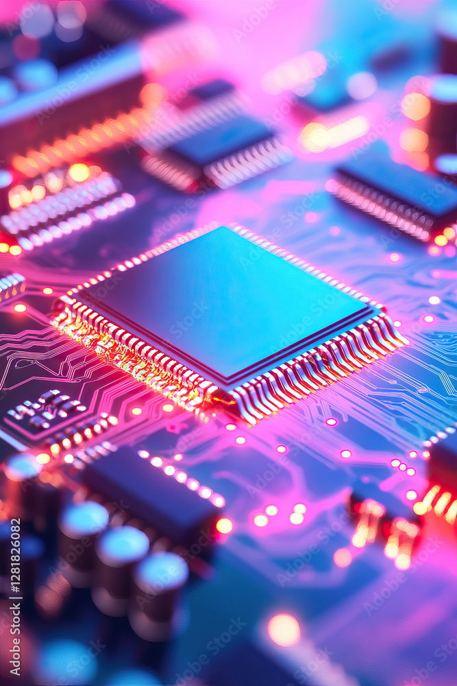 Obraz premium Modern microchip on circuit board with vibrant neon lights for technology design. Modern Technologies. Quantum computing concepts.