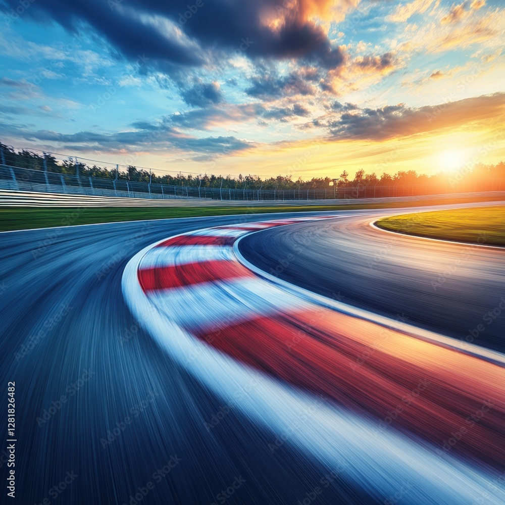 Naklejka premium Dynamic motion blur on racetrack curve at sunset evoking speed thrill and competitive spirit in motorsport