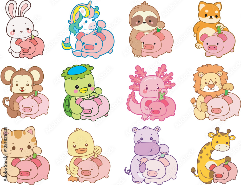Obraz premium Set Vector Stock Illustrations Isolated of Baby Animals. Cute animals with various activities. Funny sticker of animal kids.