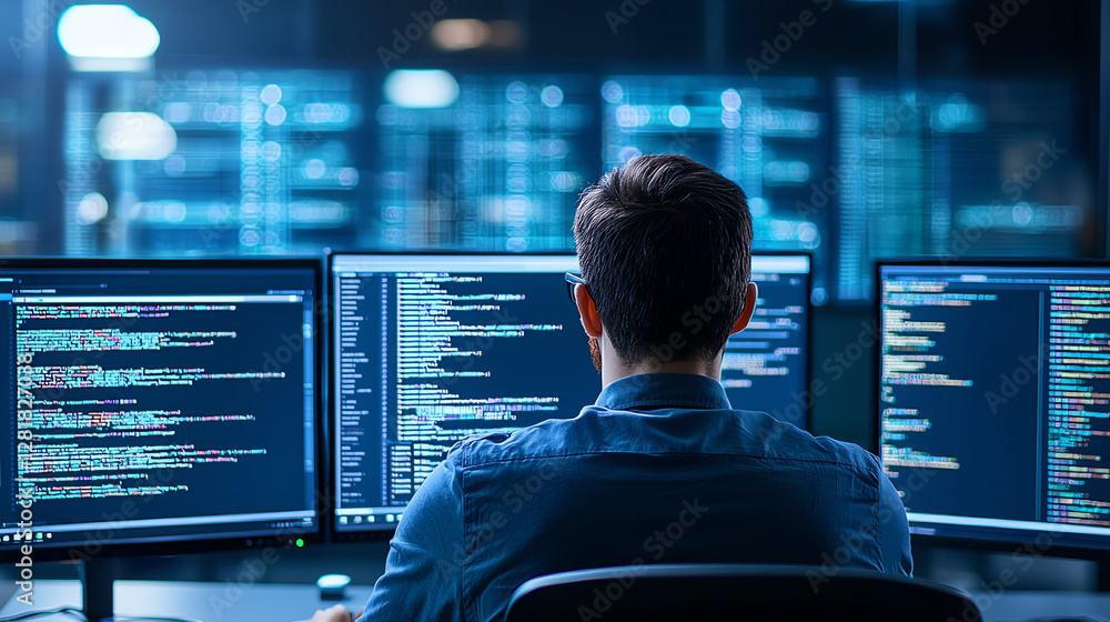 male programmer working at multiple monitors, coding in dark office environment. screens display lines of code, creating focused and tech savvy atmosphere male programmer working at multiple monitors, coding in dark office environment. screens display lines of code, creating focused and tech savvy atmosphere