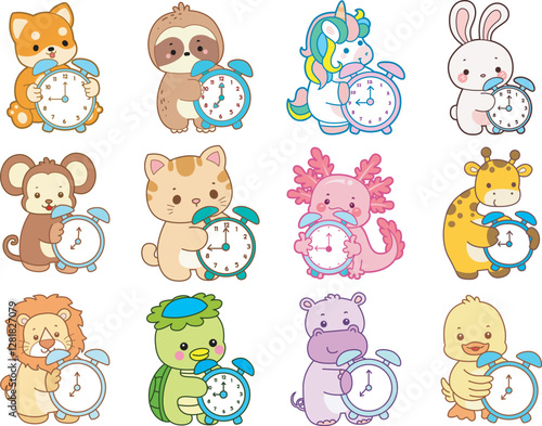 Set Vector Stock Illustrations Isolated of Baby Animals.
Cute animals with various activities.
Funny sticker of animal kids.