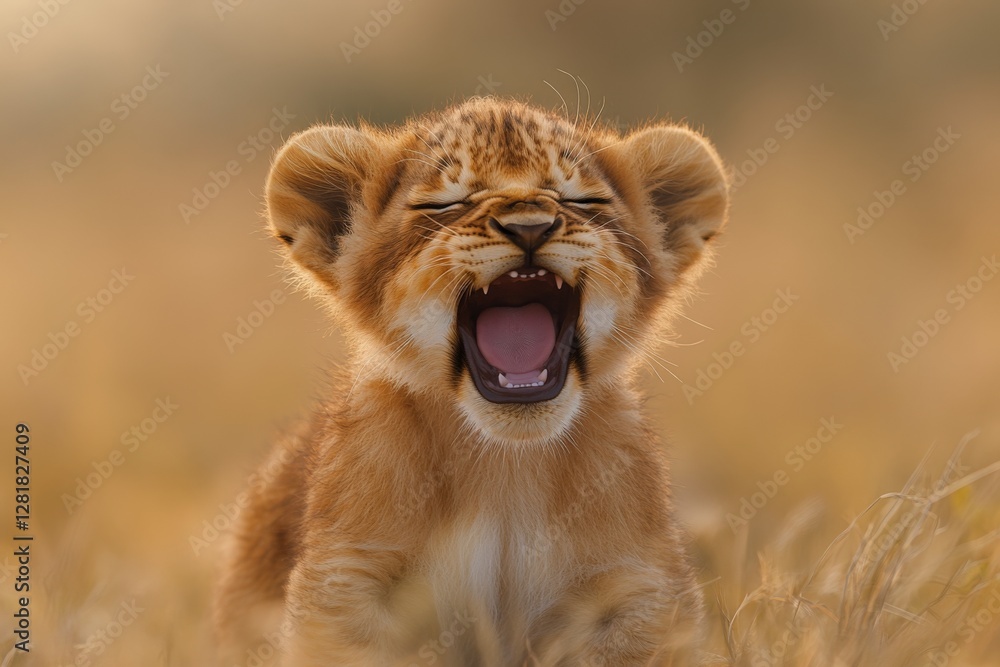 Young lion cub yawning joyfully in golden grass during sunrise in the African savanna Young lion cub yawning joyfully in golden grass during sunrise in the African savanna