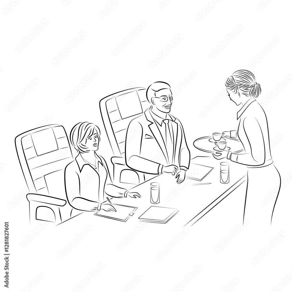 Girl serves two cups of tea, coffee on a tray to a male boss. Secretary in the office. Vector illustrations. Girl serves two cups of tea, coffee on a tray to a male boss. Secretary in the office. Vector illustrations.