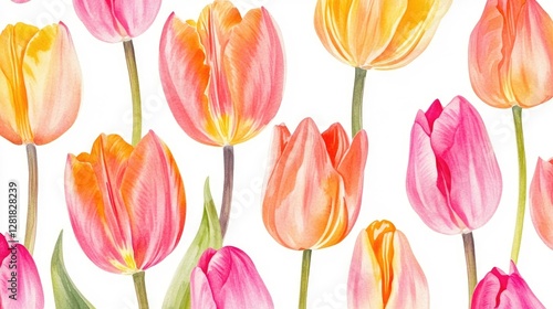 Colorful watercolor tulip pattern on a paper background