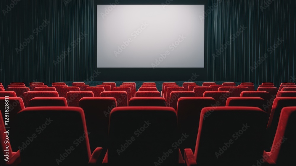 Fototapeta premium A cinematic theater with empty red seats facing a blank screen, creating an inviting atmosphere for future moviegoers.