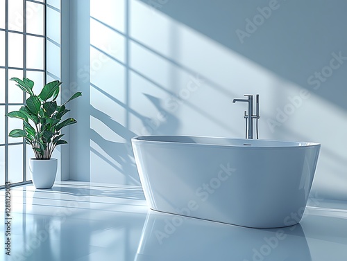 Revel in the softness of minimalism, displayed by this pristine garden villa spa bathroom anchored by a radiant white theme. Thoughtfully spaced fixtures, including a freestanding tub and streamlined  photo