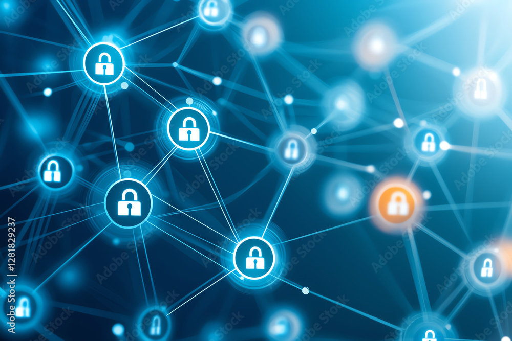 Digital network of interconnected nodes with security locks, symbolizing cybersecurity and data protection. image conveys sense of safety and connectivity in digital realm Digital network of interconnected nodes with security locks, symbolizing cybersecurity and data protection. image conveys sense of safety and connectivity in digital realm