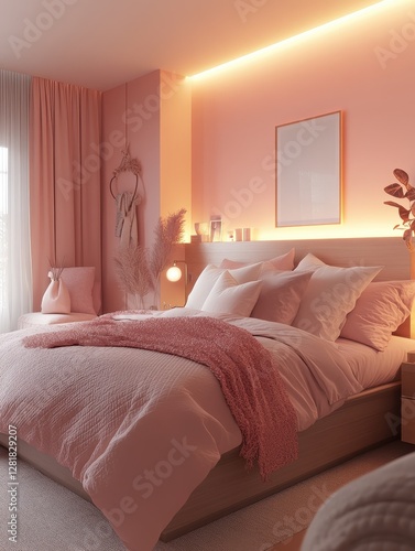 A cozy bedroom presents a pink color scheme and lighting