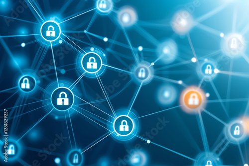 Digital network of interconnected nodes with security locks, symbolizing cybersecurity and data protection. image conveys sense of safety and connectivity in digital realm