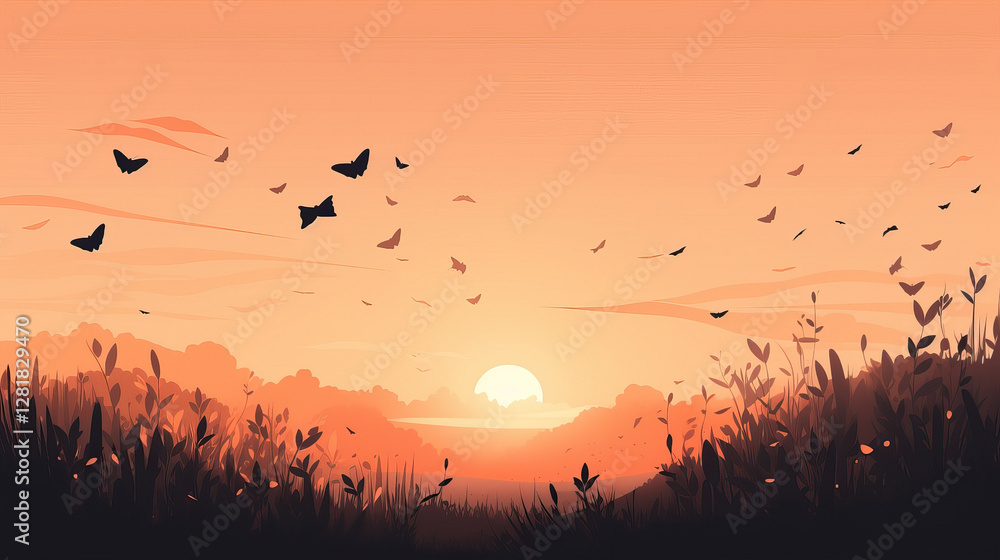 Obraz premium Tranquil sunset with silhouetted butterflies and grassland scenery