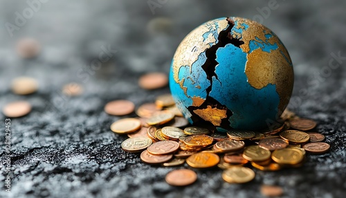 Cracked globe on coins; global crisis