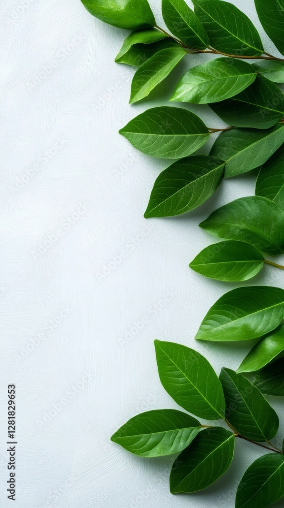 Fototapeta premium Green leaves bordering a white textured background creating negative space