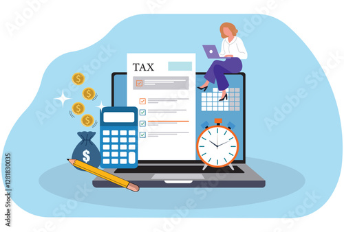 Financial tax calculation concept illustration with a laptop, tax document, calculator, clock, money bag, and businesswoman working. Ideal for finance, accounting, tax filing, and fintech visuals.