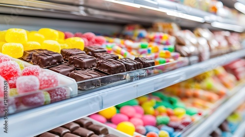 A grocery store candy aisle with chocolates and gummies, playful and fun advertising style, copy space photo