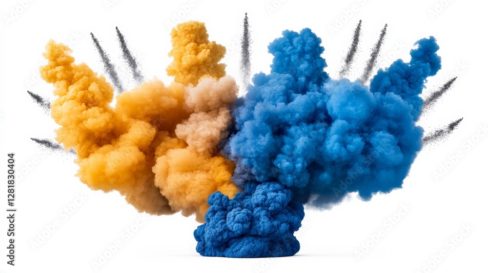 Naklejka premium Colorful smoke explosion with orange and blue clouds on white background