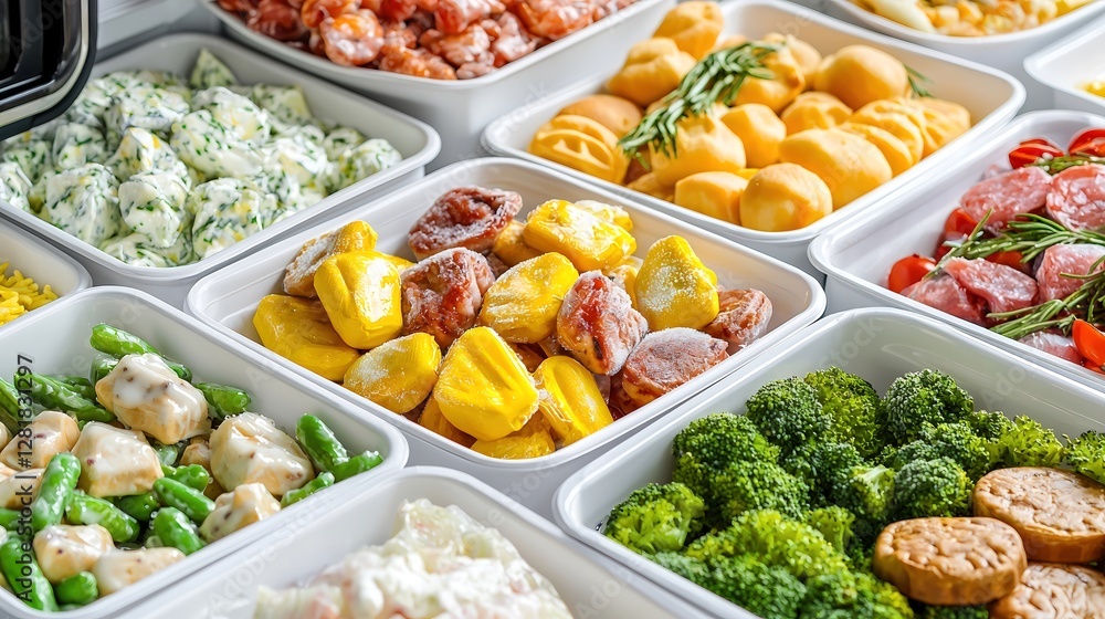 Grocery store frozen dinner section with microwave meals, convenient and easy advertising style, copy space Grocery store frozen dinner section with microwave meals, convenient and easy advertising style, copy space