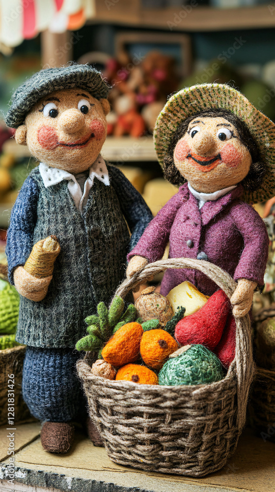 Fototapeta premium Handcrafted Figurines of an Elderly Couple at a Market with Baskets of Fresh Vegetables, Showcasing Nostalgia, Craftsmanship, and Traditional Charm