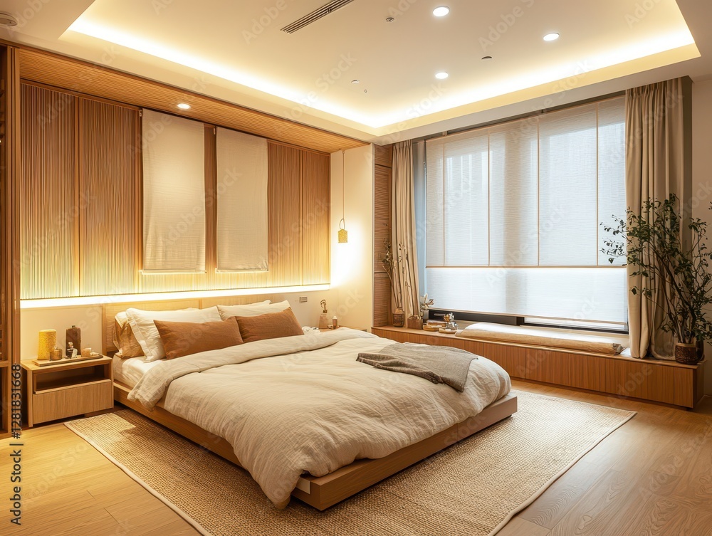 Fototapeta premium A Modern Bedroom Interior Featuring Clean Lines And Natural Lighting