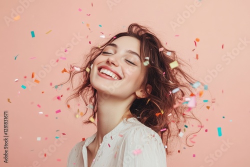 A cheerful woman surrounded by vibrant confetti, exuding happiness and celebration. Generated AI