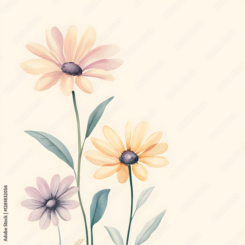 Daisy up horizontal border, with minimal details and a simple illustration. Watercolor botanical banner for the design of invitations, cards, congratulations, announcements, sales, stationery Daisy up horizontal border, with minimal details and a simple illustration. Watercolor botanical banner for the design of invitations, cards, congratulations, announcements, sales, stationery