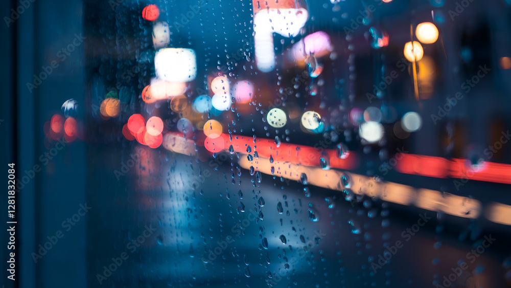 Obraz premium Rainy night city bus window view, blurred lights