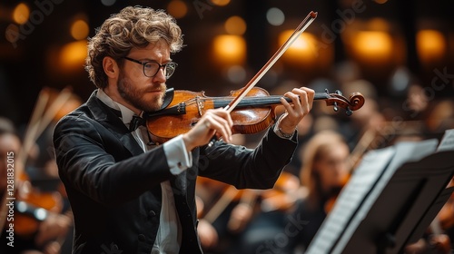 Violinist in Concert: Capturing the Passion and Precision of a Soloist Performing with an Orchestra, Radiating Musical Artistry and Intense Focus on Stage