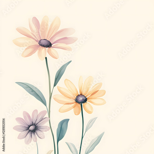 Daisy up horizontal border, with minimal details and a simple illustration. Watercolor botanical banner for the design of invitations, cards, congratulations, announcements, sales, stationery