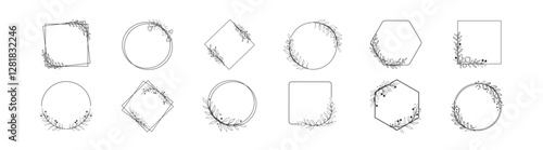Set of hand drawn floral frames and wreaths. Floral circle frames made of branches, leaves, twigs. Vector design elements for cards, quotes, invitations and posters