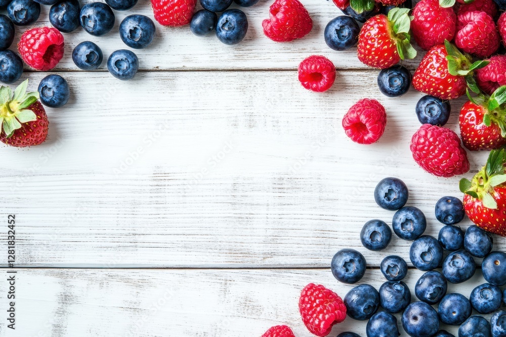 Fresh blueberries, strawberries, and raspberries on a rustic wooden table. Vibrant and natural presentation, perfect for recipes or healthy lifestyle imagery. Generated AI Fresh blueberries, strawberries, and raspberries on a rustic wooden table. Vibrant and natural presentation, perfect for recipes or healthy lifestyle imagery. Generated AI