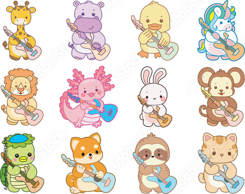 Set Vector Stock Illustrations Isolated of Baby Animals.
Cute animals with various activities.
Funny sticker of animal kids.