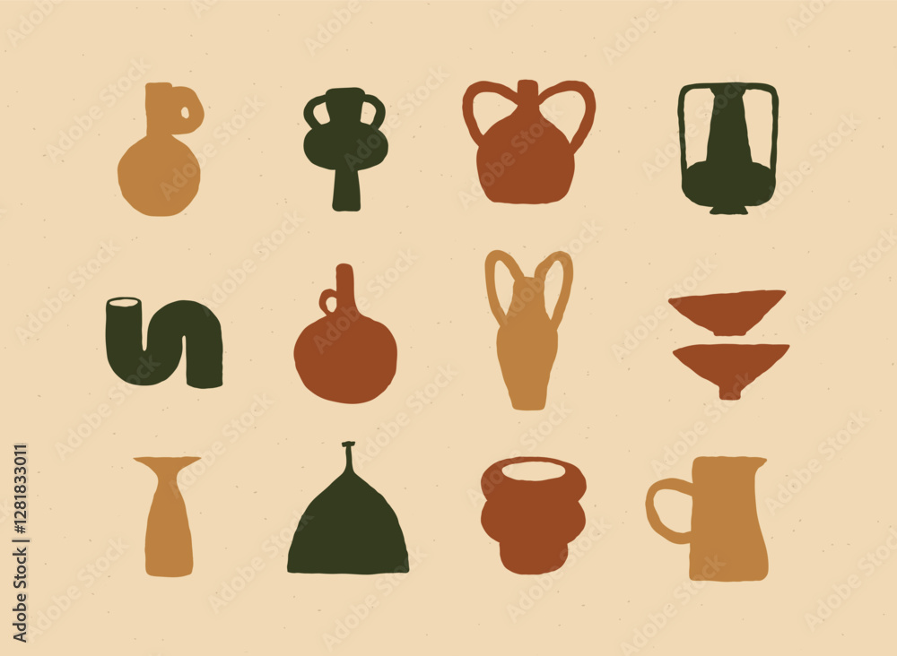 Vases ceramic set different form drawn in art style on beige color background