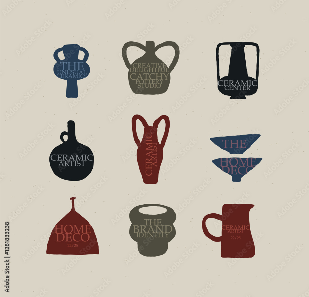 Vases ceramic set with lettering different form drawn in art style on light beige color background