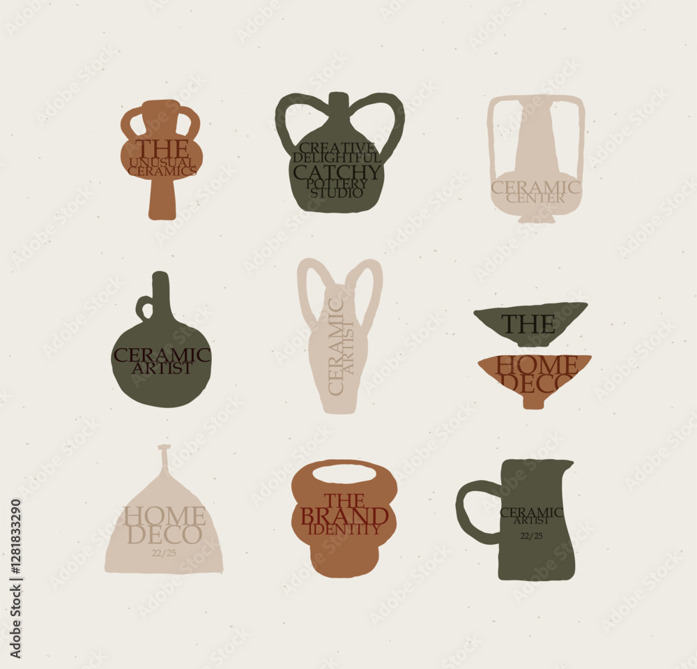 Vases ceramic set with lettering different form drawn in art style on light color background