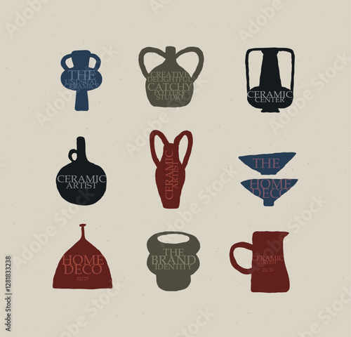 Vases ceramic set with lettering different form drawn in art style on light beige color background