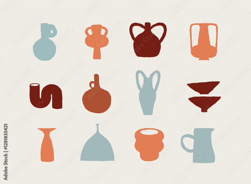 Vases ceramic set different form drawn in art style on white color background