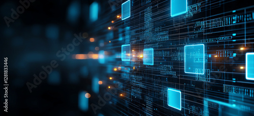 Abstract background with glowing blue data flow and digital elements, creating futuristic atmosphere. Ideal for technology and innovation themes