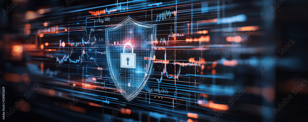 Digital security concept with shield and lock symbol, representing protection and data safety in high tech environment. background features abstract data patterns and glowing lines Digital security concept with shield and lock symbol, representing protection and data safety in high tech environment. background features abstract data patterns and glowing lines