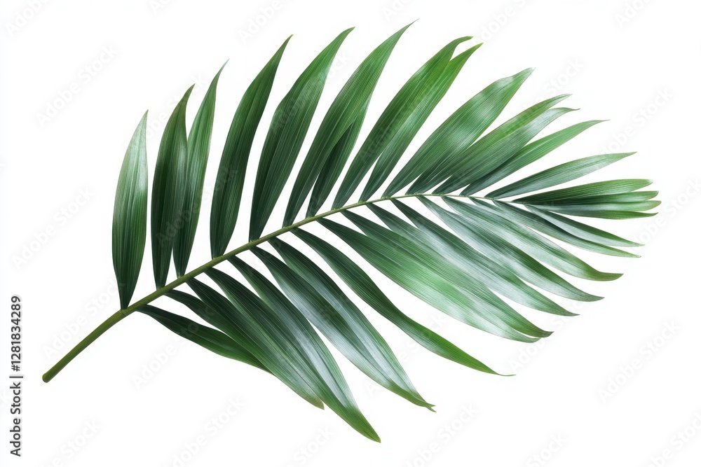 A single green palm leaf showcased on a white background, highlighting its natural beauty. Generated AI A single green palm leaf showcased on a white background, highlighting its natural beauty. Generated AI