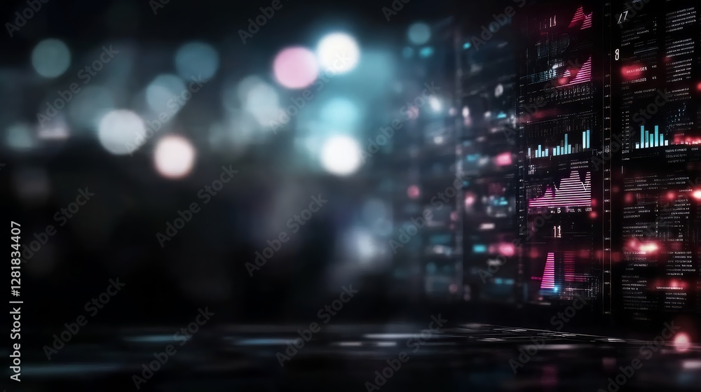 Futuristic digital data interface with abstract glowing graphs and bokeh lights Futuristic digital data interface with abstract glowing graphs and bokeh lights