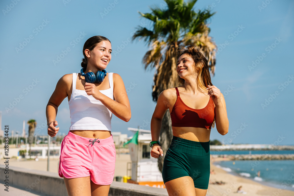 Two young women running by the beach on a sunny day Two young women running by the beach on a sunny day