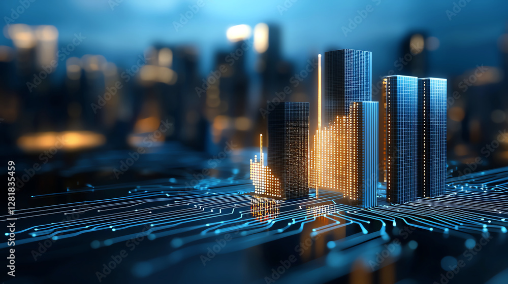 Digital city skyline with glowing data visualization on circuit board