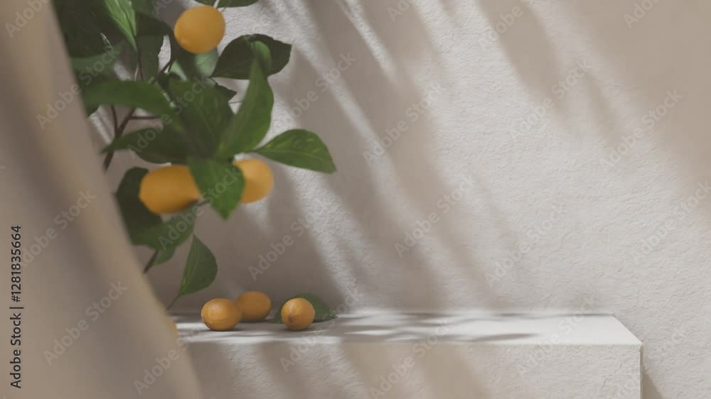 Lemon tree in front of white rustic wall with sunlight shade. Summer background scene with concrete countertop in shade for product display.