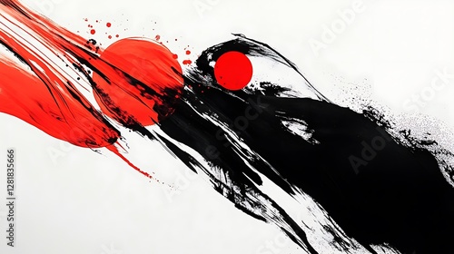 Abstract Red Black Ink Wash Painting Circles Swirls
