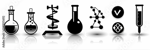 Science Lab Icons: A collection of diverse science lab icons, meticulously designed in black and white, symbolizing chemistry, experiments, and scientific research.