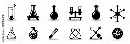 Science Lab Icons: A collection of diverse science lab icons, meticulously designed in black and white, symbolizing chemistry, experiments, and scientific research.