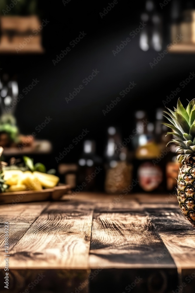 Fototapeta premium Fresh pineapple on rustic wooden table in cozy kitchen setting