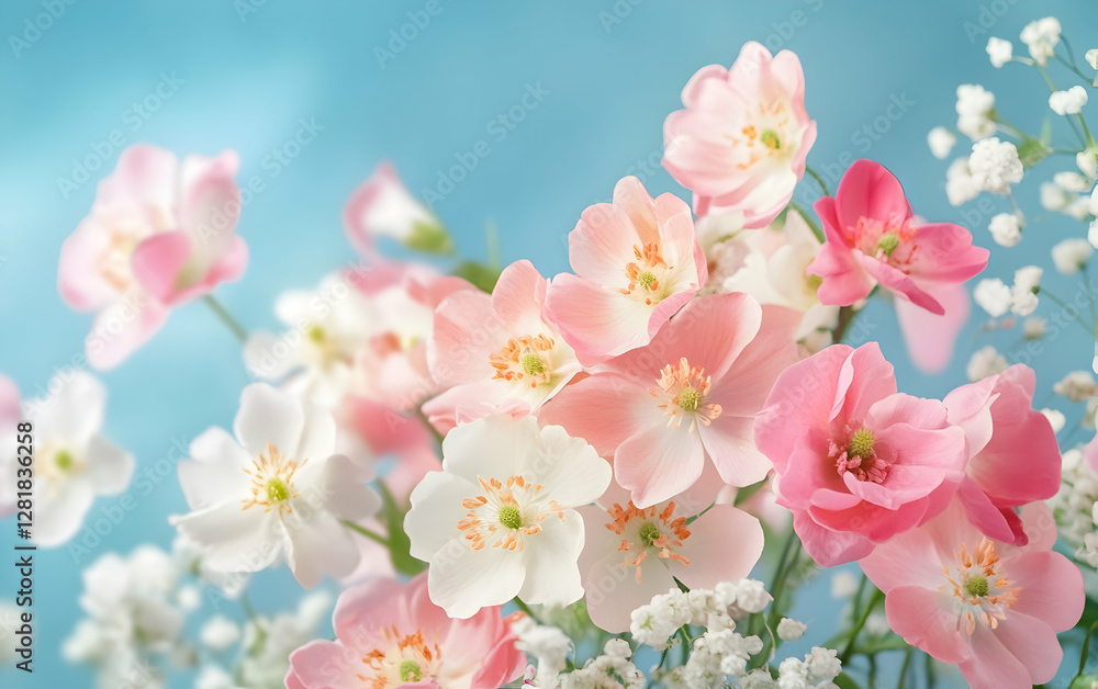 A stunning floral arrangement of pink and white flowers against a soft blue background, perfect for spring celebrations A stunning floral arrangement of pink and white flowers against a soft blue background, perfect for spring celebrations