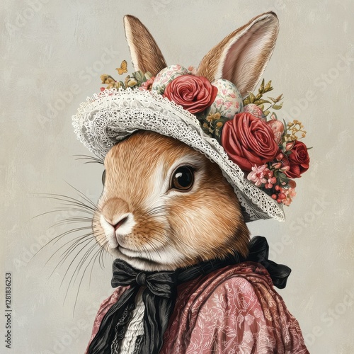 Victorian Style Rabbit Wearing Easter Hat with Floral Accents